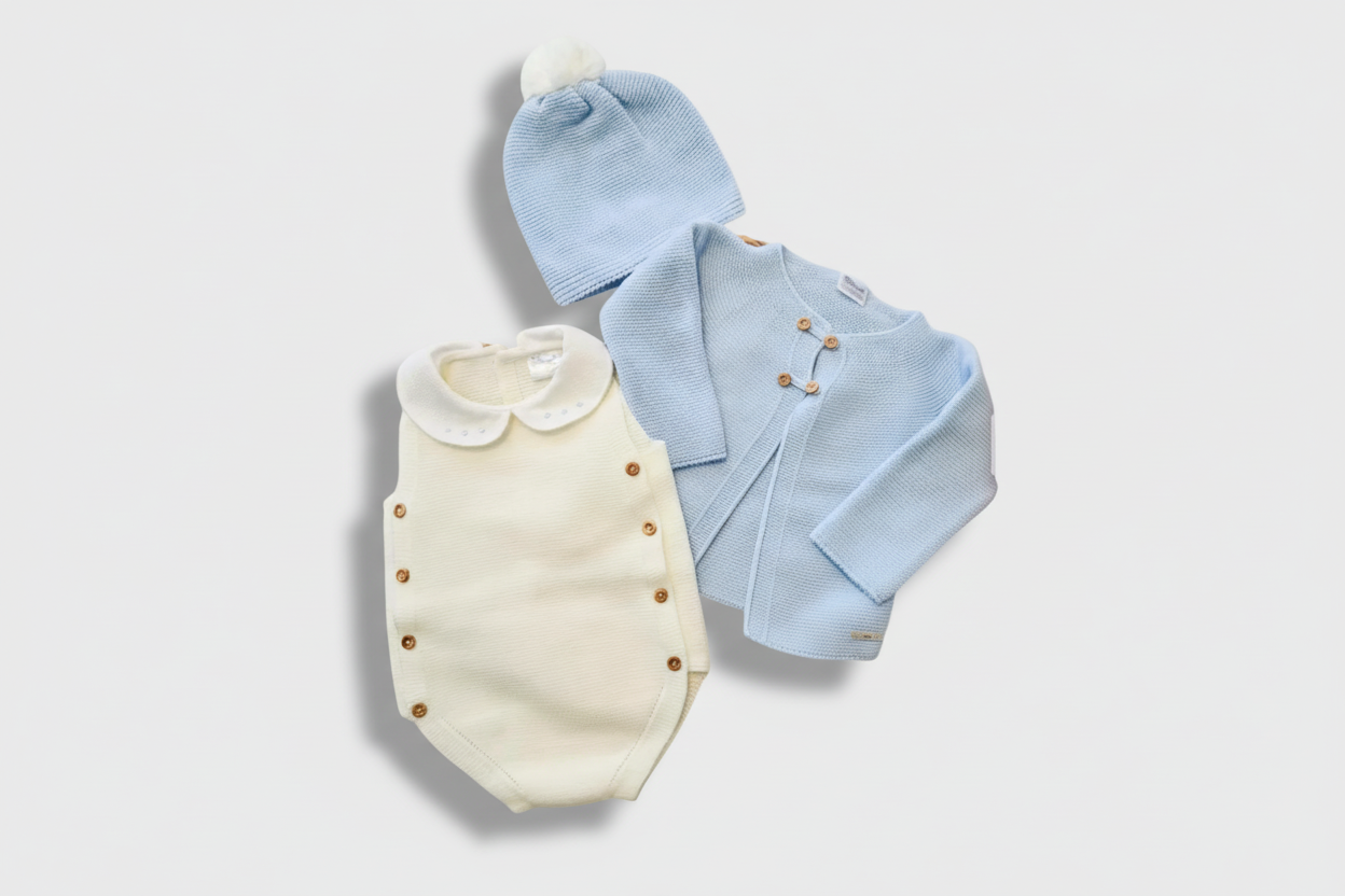 Knitted Newborn Three-Piece Set- light blue and white