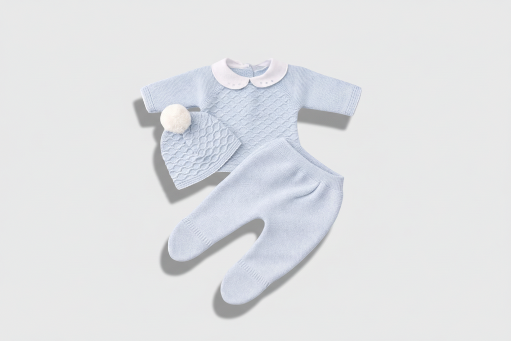 Kint Soft Blue – Newborn 3-Piece Knit Set