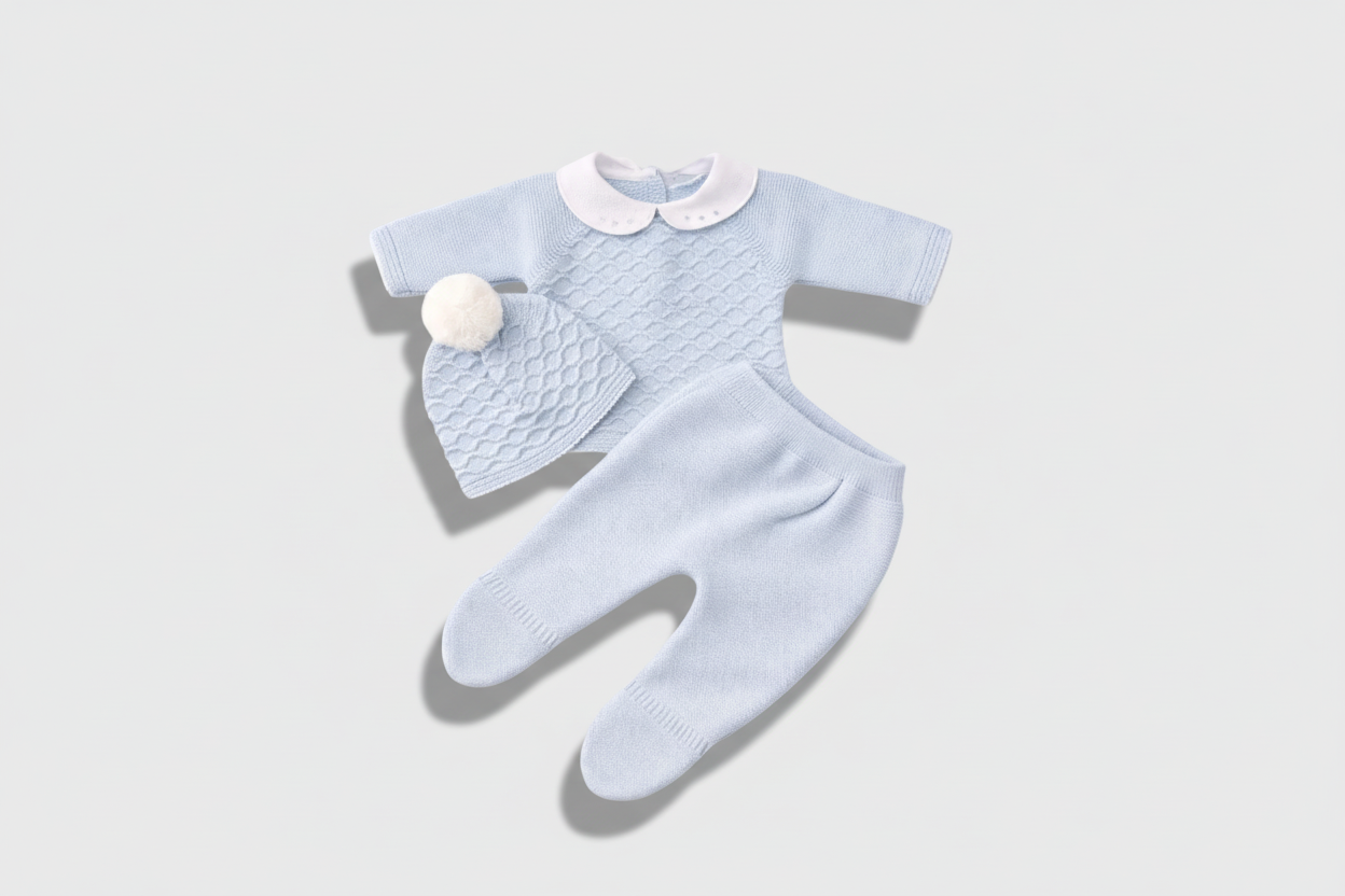 Kint Soft Blue – Newborn 3-Piece Knit Set