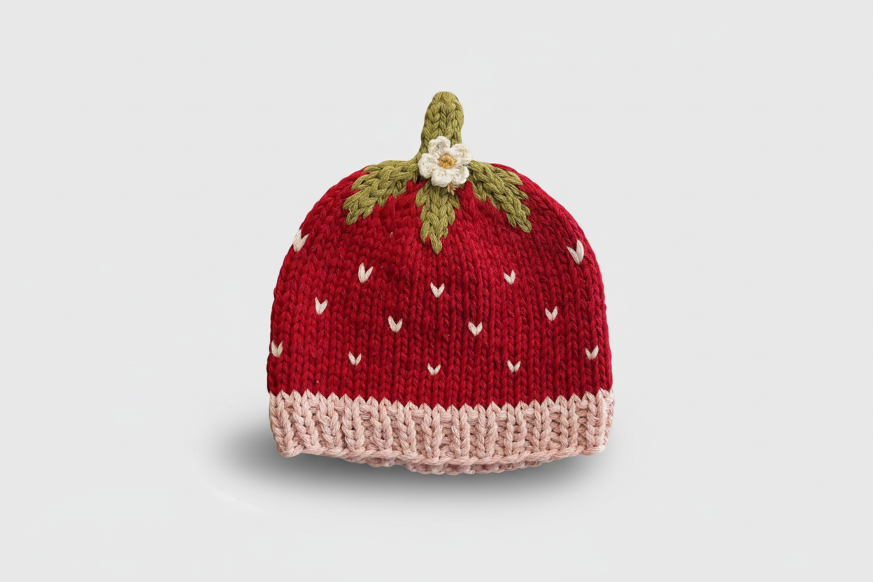 Cotton Strawberry Knit Beanie-Baby and Girls Hat