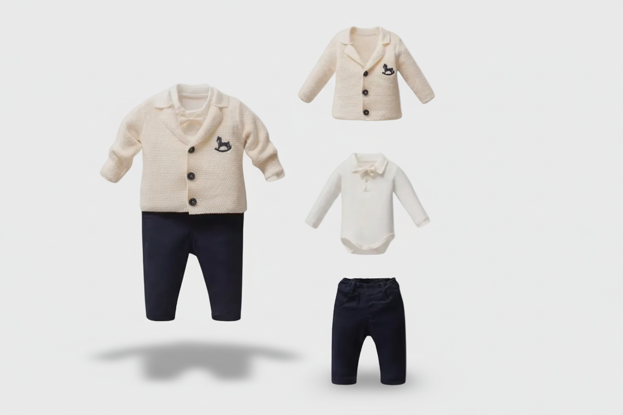 Baby Boy Linen Suit Set with Bowtie & Horse Detail