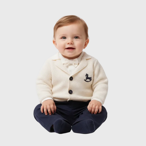Conjunto de traje de lino para bebé niño con pajarita y detalle de caballo