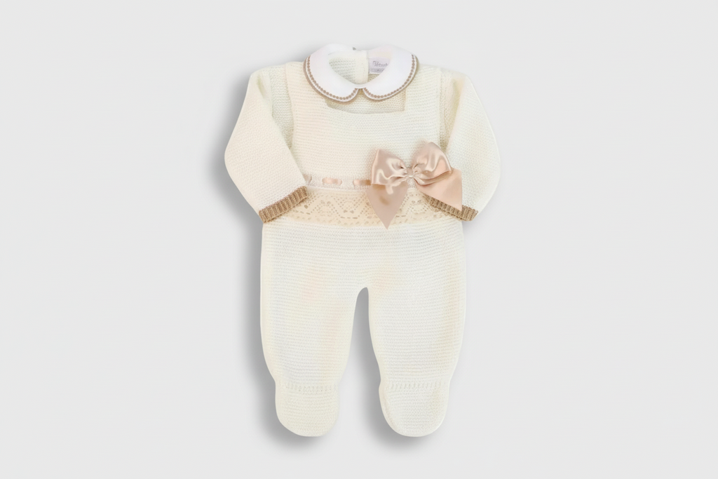 Ivory Knitted Three-Piece Baby Set with Beige Bow & Lace
