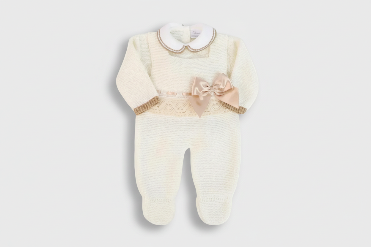 Ivory Knitted Three-Piece Baby Set with Beige Bow & Lace
