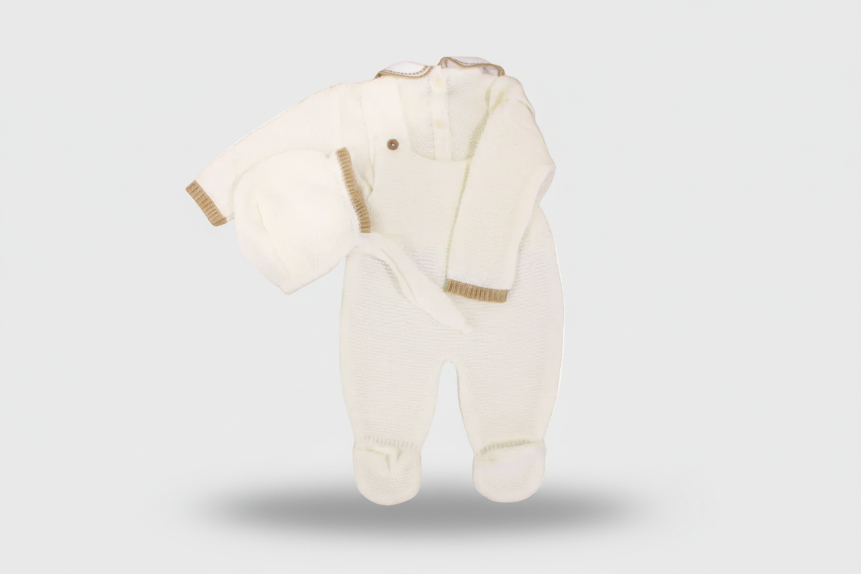 Ivory Knitted Three-Piece Baby Set with Beige Bow & Lace