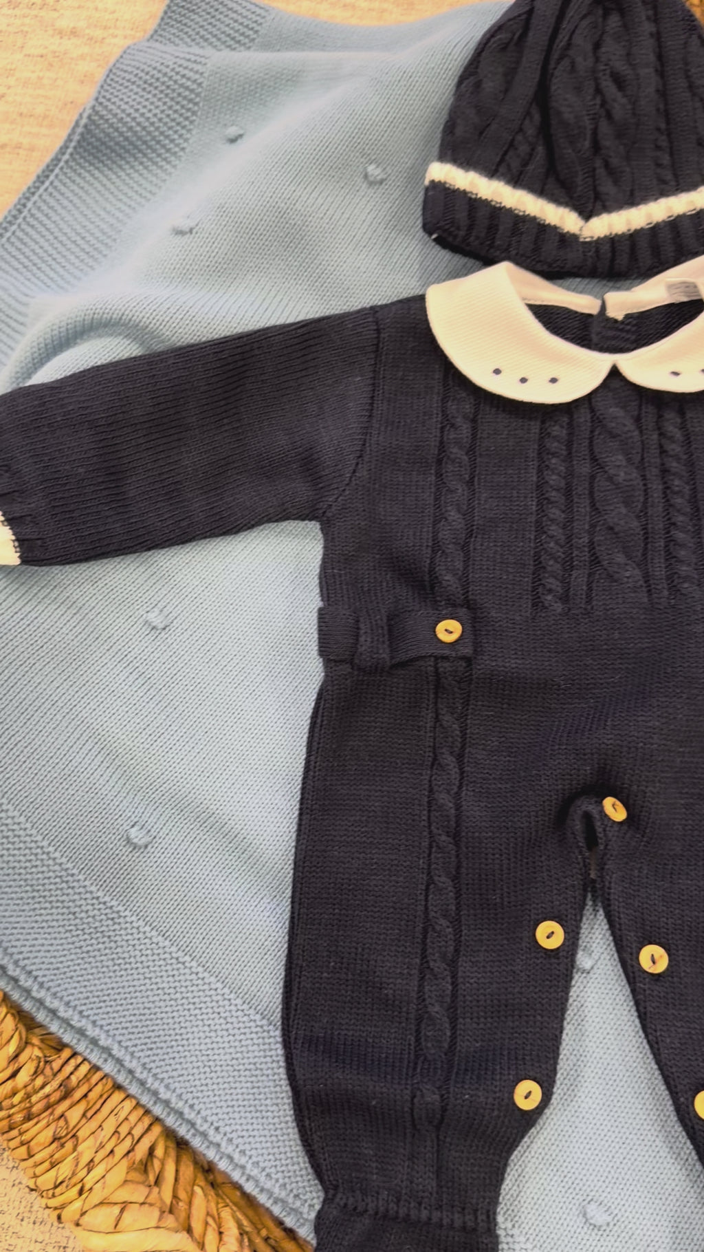 Navy Little Gentleman Newborn Gift Set – Knit Outfit + Blue Blanket + Bonnet