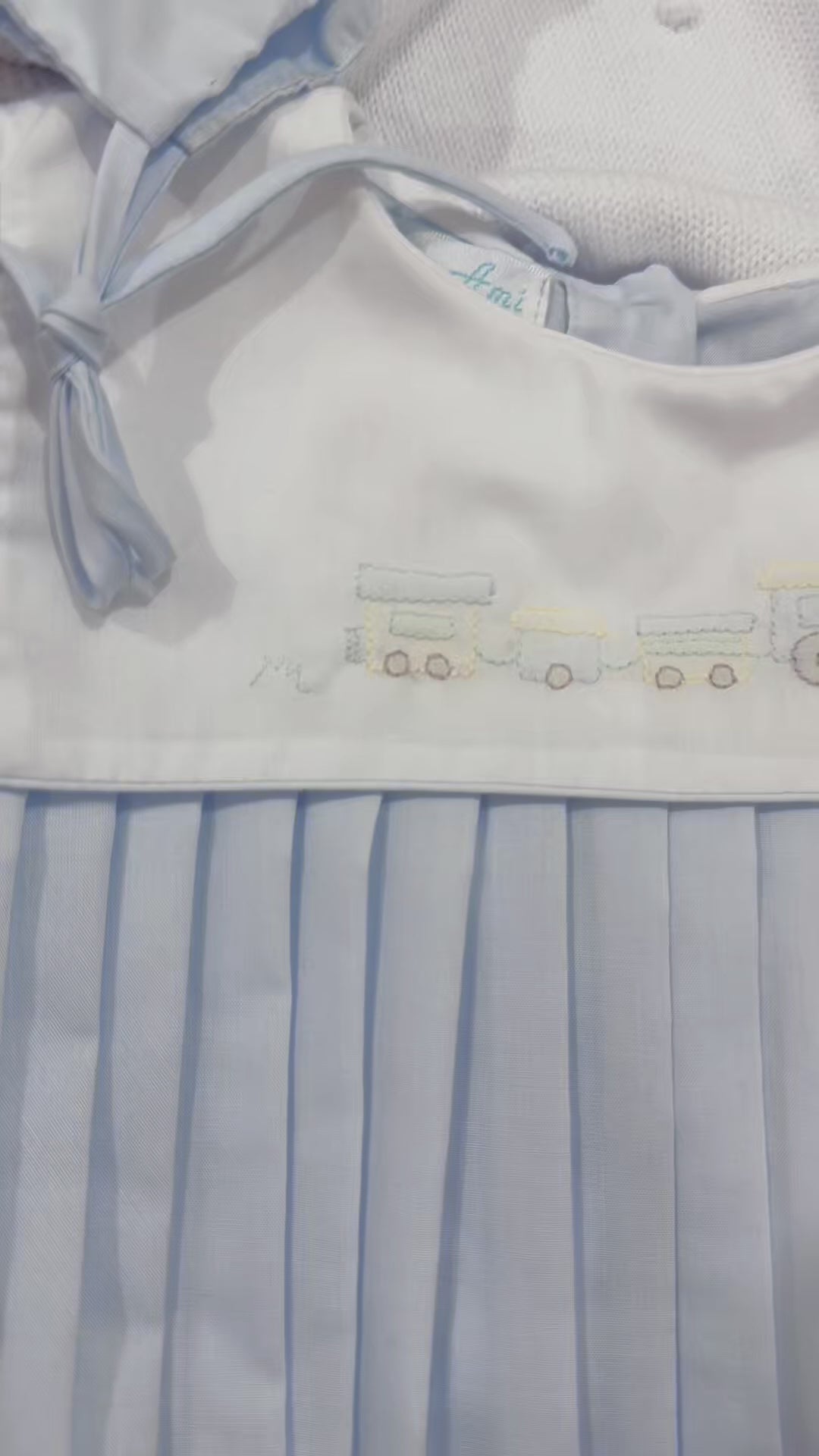 Train Embroidered Romper- soft blue